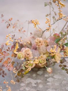 an arrangement of flowers and leaves on a rock surface in front of the camera lens