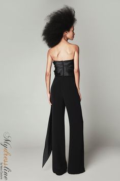 Introducing the Audrey+Brooks 6008 strapless jumpsuit! This elegant one-piece features a draped bodice with bow and long tails, plus wide leg pants for a chic and flattering silhouette. It's made from a luxe satin-lined fabric blend of 80% triacetate and 20% polyester, and has a hidden back zipper closure. Perfect for special occasions or any time you want to feel like a million bucks! Beautiful Jumpsuits, Draped Bodice, Plastic Dress, Pure Elegance, Black Hot Pink, Strapless Jumpsuit, Dress Cover, Crepe Fabric, Sleek Look