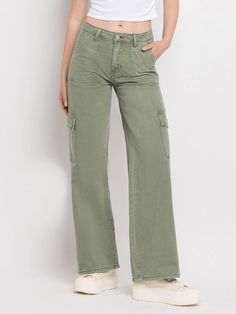 Comfy cargo pants! Features side pockets Mid Rise Straight Jeans, Vacation Swimwear, Short Loungewear, Green Cargo Pants, Green Cargo, Simply The Best, Flying Monkey, Cargo Pocket, Wide Leg Pant