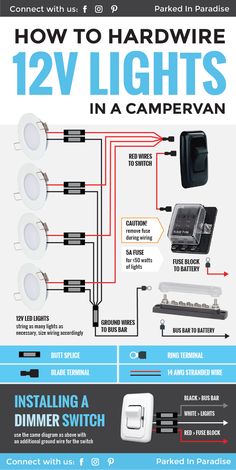 the diagram shows how to wire 12v lights in a campervan and what they are