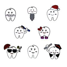 six cartoon tooths with different facial expressions and hats on them, all wearing sunglasses