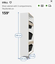 an image of a tall white cabinet with 3 compartments and measurements for each unit in the same room