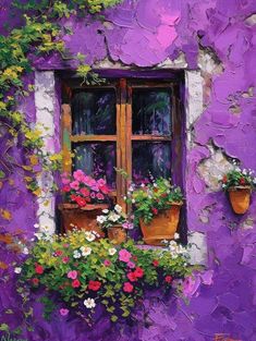 an oil painting of flowers and potted plants in front of a purple stucco wall