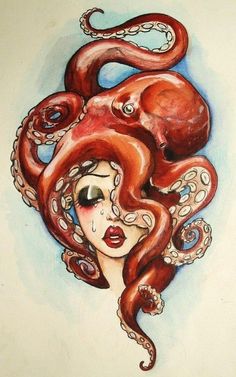 a drawing of an octopus with a woman's face in the middle of it