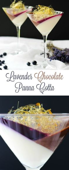 two martini glasses filled with lavender chocolate and banana cota sprinkled with lemon zest