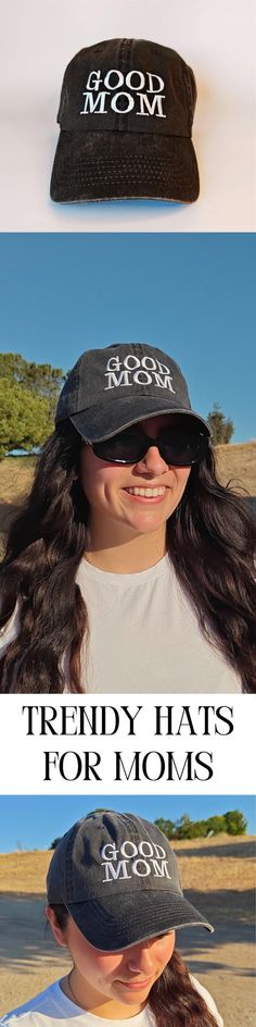 two hats with the words trendy hat's for moms written on them