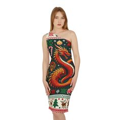 Celebrate the holidays in true adventurer style with our Dungeon and Dragons Ugly Christmas Sweater Dress. This unique one-shoulder dress features a polyester fabric that's printed to look like a classic knit sweater, offering all the festive charm without sacrificing comfort. With a bold red dragon wrapping around the front and playful holiday details such as dice, reindeer, candy canes, and snowflakes, this dress is perfect for any D&D enthusiast looking to level up their holiday wardrobe. The vibrant, high-resolution print adds a whimsical touch, while the one-shoulder design gives it a modern, flattering silhouette. The dress is made from lightweight polyester, providing all-day comfort and flexibility while maintaining a festive, eye-catching appearance. Ideal for holiday parties, gam Adventurer Style, Reindeer Candy Canes, Ugly Christmas Sweater Pattern, Ugly Christmas Sweater Dress, Christmas Sweater Pattern, Reindeer Candy, Dragon Rouge, Christmas Sweater Dress, Christmas Pullover