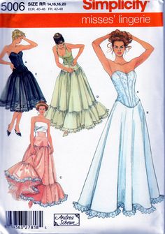 Designer lingerie: Four different styles of petticoats and a corset pattern. This is an out-of-print sewing pattern, new, factory folded, complete with instructions. Corset Dress Pattern, Petticoat Pattern, Lingerie Patterns, Corset Sewing Pattern, Anna Dress, Costume Sewing Patterns, Corset Pattern, Sewing Lingerie, Costume Patterns