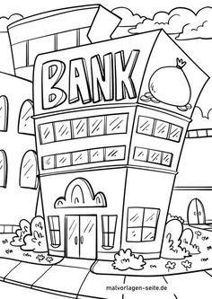 a bank building with the word bank on it and trees in front of it coloring page