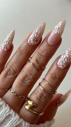 Natural Looking Nails With Design, La Inspired Nails, White November Nails, White October Nails, Talavera Nails Brown, Vietnam Nail Design, Boho White Nails, Nail Ideas Stiletto Medium, Red Nails Mexican