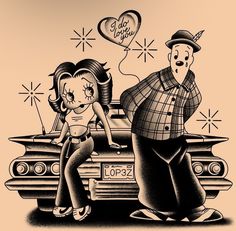 a drawing of a man and woman standing next to a car with balloons in the air