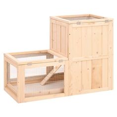 two wooden crates with one open and the other closed, each containing an animal cage