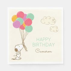 a happy birthday card with a cartoon character holding balloons in the shape of a dog