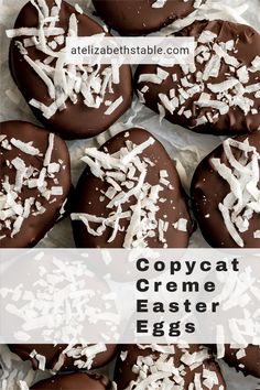 chocolate covered creme easter eggs with coconut sprinkles and shredded white sugar