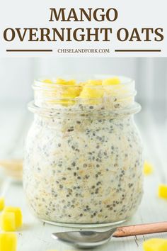 mango overnight oats in a glass jar on a white table with text overlay