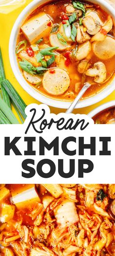 korean kimchi soup in a white bowl with chopsticks