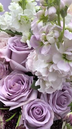 purple and white flowers are arranged in a bouquet