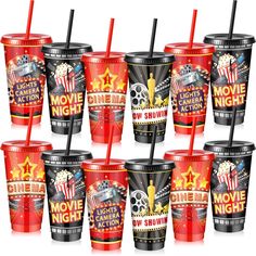 six movie cups with straws in them and the words cinema nights written on them