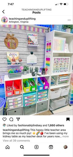 a room filled with lots of colorful bins next to a white book shelf covered in books