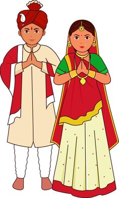 Gujarati Wedding Couple Greeting Namaste In Traditional Dress. Gujarat Traditional Dress Illustration, Gujarati Illustration, Gujarati Couple Photo, Gujarat Illustration, Vithal Rukmini, Gujarati Dress, Mata Wallpaper, Drawing Rangoli, Couple Photo Pose