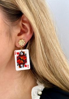 Are you looking for the perfect Queen of hearts earrings for someone special this gifting season? Or a unique pair of queen earrings to spoil yourself? Made with colourful acrylic playing cards, stainless steel ear pins and airbrushed brass for an antique look, my playing card earrings are the perfect compliment to any outfit idea! My Queen of hearts jewelry is a great gift idea for any special occasion to all the women in your life. You can't go wrong when gifting my acrylic dangle earrings to Casino Gifts Ideas, Queen Of Hearts Jewelry, Queen Of Cards Costume, Queen Of Hearts Halloween Costume, Queen Of Hearts Halloween, Queen Of Heart, Card Earrings, Hearts Jewelry, Heart Costume