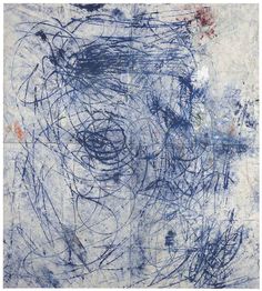 an abstract painting with blue and white paint on it's surface, including lines