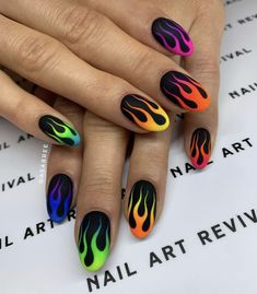 This is the COOLEST new nail trend: Flame nails! We’ve included all the hottest and trendiest nail designs from matte black flame nails acrylic almond, cute matte black and neon flame nail art ideas, short flame nails, neon nail art ideas with flame tips, to pretty flame nail designs, and more cool nail ideas! Lgbt Nail Art, Flame Nails, Flame Nail Art, Neon Nail Art, Mens Nails, Colorful Nail, Rainbow Nails, Fire Nails