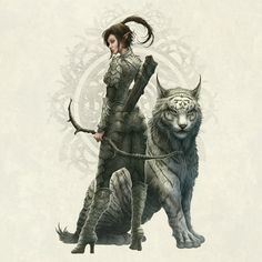 a woman is holding a bow while standing next to a wolf