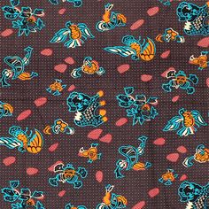 a brown background with blue, orange and red designs on the fabric in different sizes