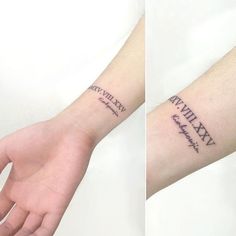 two pictures of the same wrist tattoo with different words on each arm, and one has an inscription that says happy new year