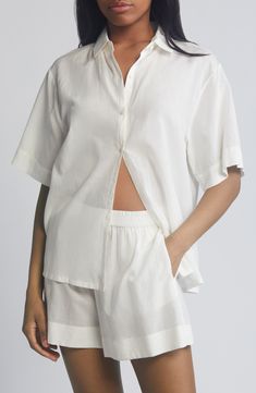 Crisp PJs with a collared short-sleeve shirt and elastic-waist shorts are ones you'll want to wear all weekend long. 26 1/2" length top; 2 1/2" inseam; 31" leg opening; 12 1/2" front rise; 16" back rise (size Medium) Top has front button closure; notched collar; short sleeves; chest patch pocket Shorts have elastic waist 55% cotton, 45% viscose Machine wash, tumble dry Imported Classic Summer Sleepwear In Relaxed Fit, Classic Cotton Summer Sleepwear, White Short-length Tops For Daywear, White Short Length Tops For Daywear, Classic White Shorts For Daywear, Cotton Sleepwear For Everyday Summer Use, White Collared Cotton Sleepwear, Relaxed Short Tops For Daywear, White Collared Lounge Top