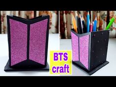 two different pictures of pens and pencils in a holder with the words bts craft