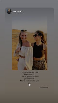 two women standing next to each other in front of a desert background with the caption happy birthday to this beautiful woman