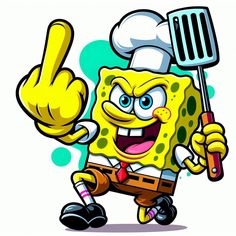 a cartoon sponge character holding a spatula and pointing to the side with one hand