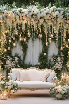 a couch sitting under a lush green and white flower covered arch with candles in front of it