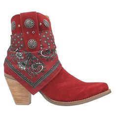 Get wild with reckless abandon in our Bandida boot from Dingo1969. Meant for those with a restless spirit, this 7-inch bootie features a 3-inch heel, gorgeous metal medallions and bandana wrap detail  you simply cannot go wrong with the Bandida. Size: 9.5.  Color: Red.  Gender: female.  Age Group: adult. Red Western Heeled Boots With Round Toe, Western Ankle Booties For Winter, Red Western Style Heeled Boots With Round Toe, Red Boots For Rodeo In Winter, Red Heeled Boots For Rodeo In Fall, Red Western Heeled Boots With Snip Toe, Western Ankle-high Winter Booties, Red Round Toe Heeled Boots For Rodeo, Red Leather Heeled Boots For Rodeo