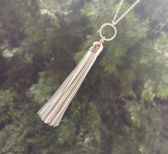 Genuine Leather Long Silver Tassel Necklace, Handmade Tassel Necklace, Layered Necklace, Mother's Da Gold Tassel Dangle Necklace Gift, Gold Tassel Necklace With Fringe For Gift, Handmade Adjustable Tassel Necklace As Gift, Handmade Adjustable Tassel Necklace For Gift, Handmade Dangle Tassel Necklace For Gift, Ring Charm Necklace, Open Circle Necklace, Gold Tassel Necklace, Beaded Tassel Necklace