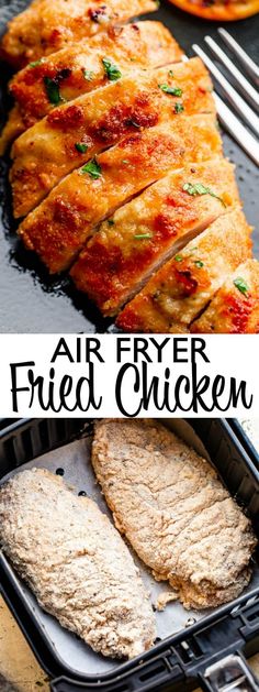 air fryer fried chicken in a pan with text overlay