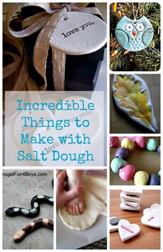 the words incredible things to make with salt dough are shown above pictures of different items