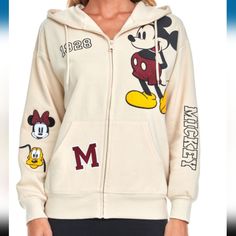 Disney Mickey Mouse Full Zip Sweatshirt Hoodie Ivory Textured Detailing On Mickey, Minnie And Goofy Embroidered M, 1928, Mickey Available: Extra Small Small Medium Large Extra Large Sold Out Xx-Large Available Also Minnie Stitch And Pooh Sweatshirt Hoodie Available Pooh Mickey Tee Shirt Available Also Great For Spring Trips To The Theme Parks, Cool Summer Evenings Mickey Mouse Characters, Chenille Patches, Mickey Mouse Sweatshirt, Cotton Polyester Fabric, Disney Sweatshirts, Mickey Mouse And Friends, Theme Parks, Disney Tops, Mickey Minnie