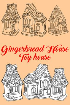 the gingerbread house toy house is shown in black and white, with red lettering