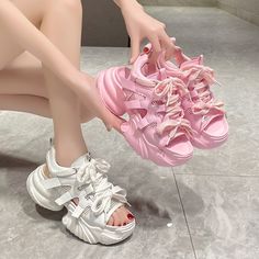 Product information:    Lining material: PU    Toe holder shape: Fish Mouth    Color: white, pink    Shoe Upper material: PU    Size: 34,35,36,37,38,39    Wearing method: front lace-up    Sole material: Polyurethane    Style: Fashion    Size:       Packing list:   Sandals*1 Pair    Product Image: Chunky Sandals, Fitness Watch, Kitchen Cooking, Platform Wedge Sandals, Sport Sandals, Chinese Drama, Pink Shoes, Isle Of Man, Lace Up Heels