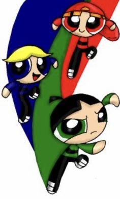 the powerpuff girls are flying through the air with their arms around each other