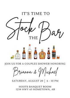 an advertisement for a stock the bar event with alcohol bottles on white paper and black ink