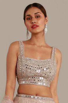 Silver Crop Top Blouse Designs, Simple Work Lehenga, Silver Work Lehenga, Silver Blouse Designs For Lehenga, Ash Colour Blouse Work Designs, Mirror Work Designs For Blouses, Silver Designer Blouse, Silver Colour Blouse Designs Latest, Silver Saree Blouse Design