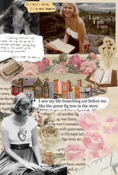 a collage of photos with words and pictures on them, including an image of a woman