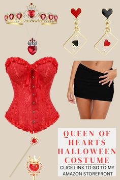 the queen of hearts costume is shown with accessories