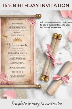 a pink and gold birthday party card with flowers, candles, and scrolls on it