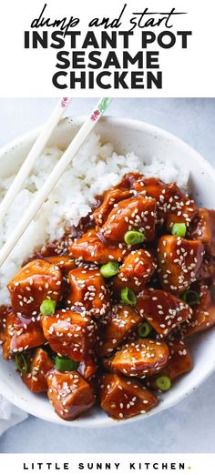 a bowl filled with chicken and rice next to chopsticks on top of it