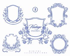 vintage frames with flowers and leaves in blue ink on white paper, set of 6